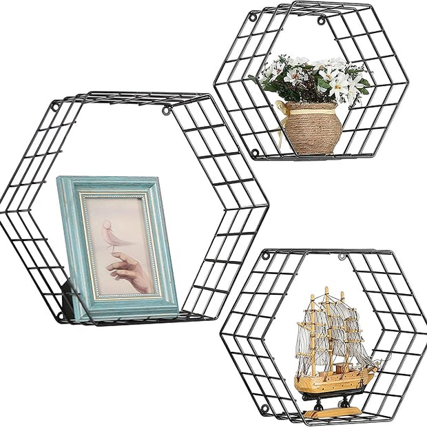 MyGift Black Metal Wall Mounted Crystal Display Shelf, Modern Wire Decorative Floating Shelves for Bedroom Living Room Office, Set of 3