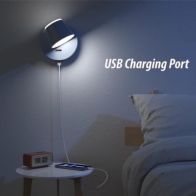 URSOLA Wall Light LED Wall Sconce with On/Off Switch USB Charging Port 110 Volt Hardwired Wall Lamp 350 Rotatable Up Down Sconces Wall Lighting (Blue)