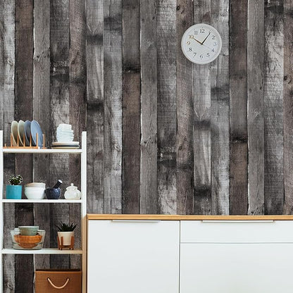 Yun-aeon Natural Wood-Dark Grey Wood Contact Paper Peel and Stick Wallpaper 17.3"x 472"Self Adhesive Removable Vintage Faux Wood Wall Paper Plank Shelf Home Decoration Kitchen Counter Cover Use