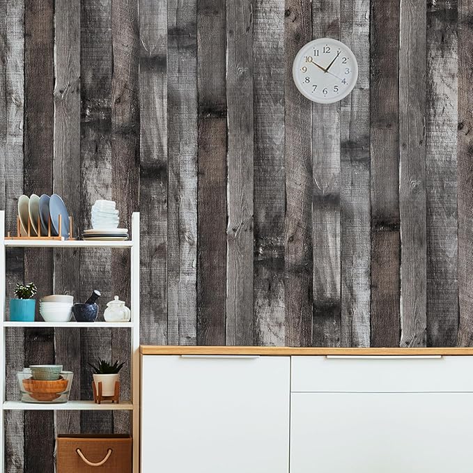 Yun-aeon Natural Wood-Dark Grey Wood Contact Paper Peel and Stick Wallpaper 17.3