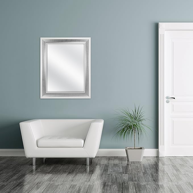 MCS 28.5x34.5 Large Wall Mirror, White Frame with Woven Silver Detail & Beveled Detail Mirror, Vertical & Horizontal Wall Hanging Mirror for Bathroom, Bedroom & Livingroom