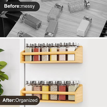 2 Pack Magnetic Spick Rack for Refrigerator, Fridge Organizer Shelf, Bamboo Wood