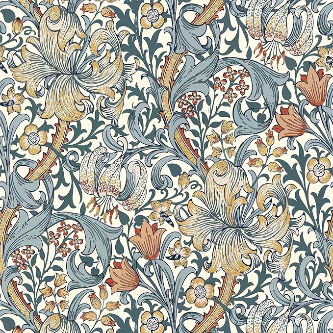 Vintage Wallpaper Peel and Stick Boho Wall Paper Removable Waterproof Golden Lily Contact Paper for Bedroom, Bathroom, Home Wall 17.3" x 118"