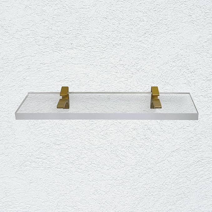 Clear Acrylic Shelf 6" W x 18" L, 3/4" Thick Floating Shelves for Wall, Bathroom, Bookshelf, Storage, Shower, Bedroom, Living Room, Office ‎Easy Installation with Screws and Brass Finish Brackets