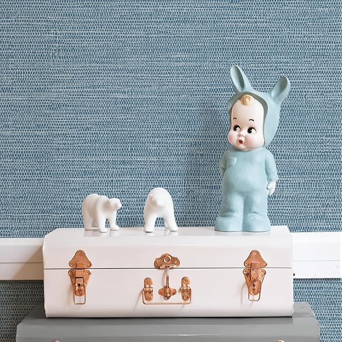 JiffDiff Grasscloth Wallpaper Peel and Stick Blue Grassweave Stick on Wallpaper Textured Self Adhesive Wall Paper Contact Paper 787