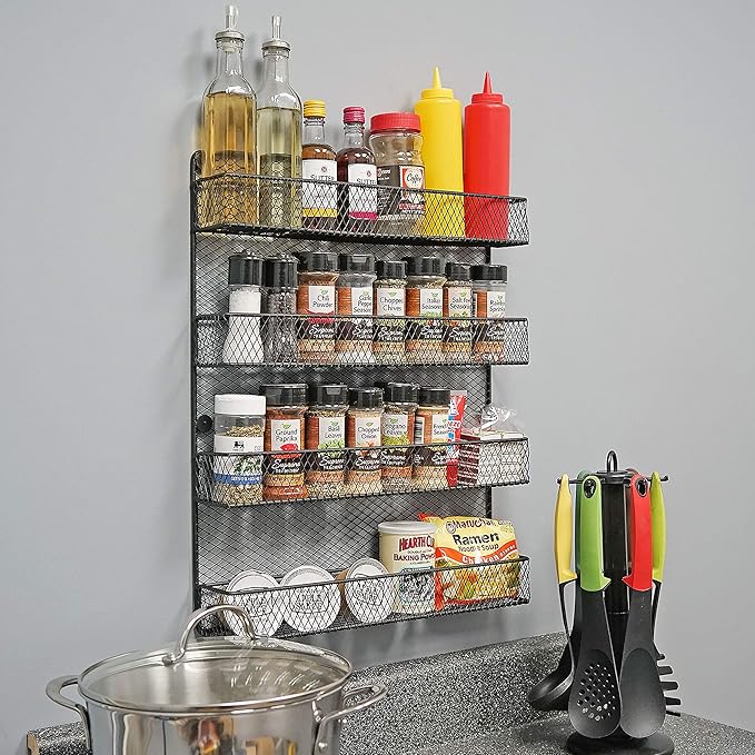 Wall Mount Spice Rack, 4-Tier Kitchen Storage Shelf, Space Saving Organizer, Black – Metal Holder for Spices, Herbs, and Condiments