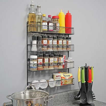 Wall Mount Spice Rack, 4-Tier Kitchen Storage Shelf, Space Saving Organizer, Black – Metal Holder for Spices, Herbs, and Condiments