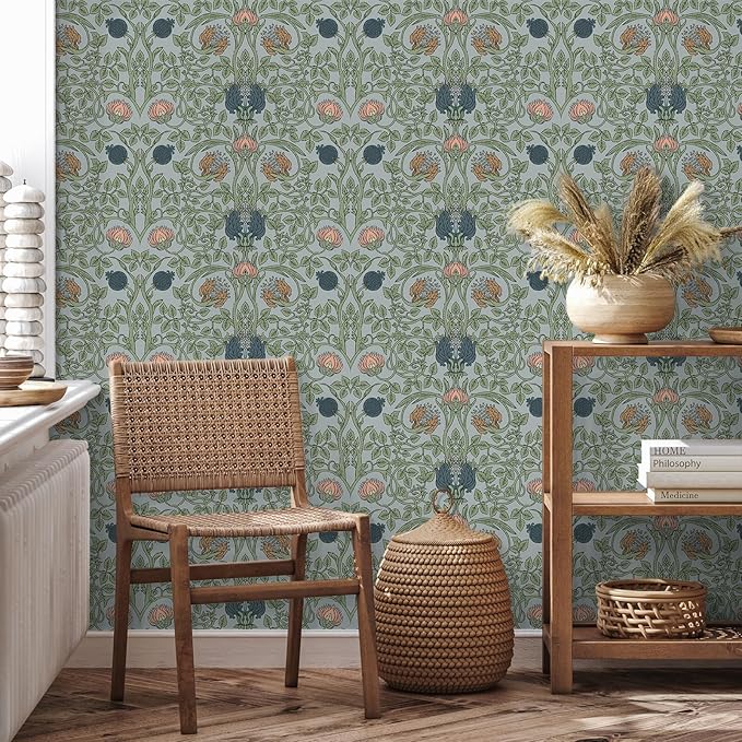 VEELIKE Retro Blue Floral Wallpaper Peel and Stick Vintage Floral Art Deco Wallpaper for Bedroom Bathroom 17.7''x118'' Removable William Morris Wall Paper Prepasted Adhesive Contact Paper for Walls