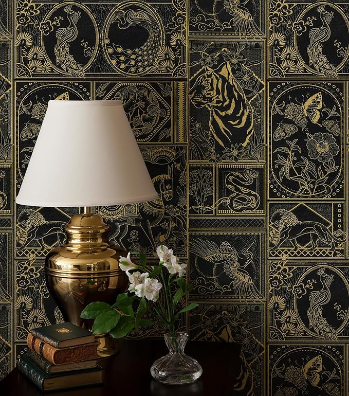 Erfoni 118"x17.7" Black and Gold Wallpaper Vintage Peel and Stick Wallpaper Special Animals Pattern Contact Paper Stick and Peel Self Adhesive Removable Wall Paper for Countertop Cabinets Covering