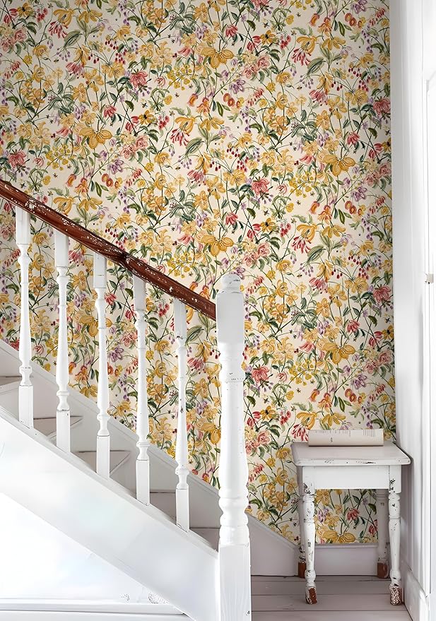 Floral Wallpaper Peel and Stick Boho Wall Paper Removable Waterproof Yellow/Green/Red Contact Paper for Bedroom, Bathroom, Home Wall 17.3" x 118"