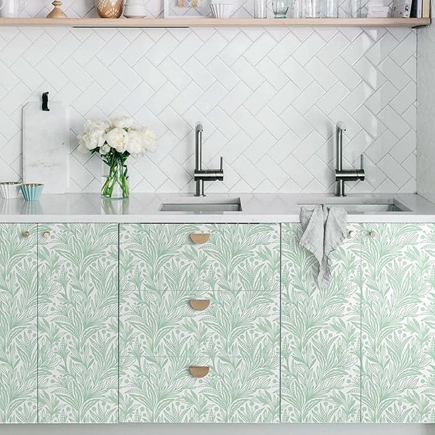 Peel and Stick Wallpaper Boho Green Leaf Contact Paper Sage Green Botanical Wall Paper Self Adhesive Removable Wallpaper for Cabinets Drawers Bedroom Decor Waterproof Vinyl Roll 17.3"x78.7"