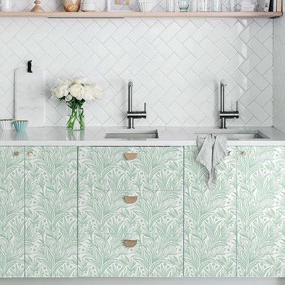 17.3"x393" Peel and Stick Wallpaper Boho Green Leaf Contact Paper Sage Green Botanical Wall Paper Self Adhesive Removable Wallpaper for Cabinets Drawers Bedroom Decor Waterproof Vinyl Roll