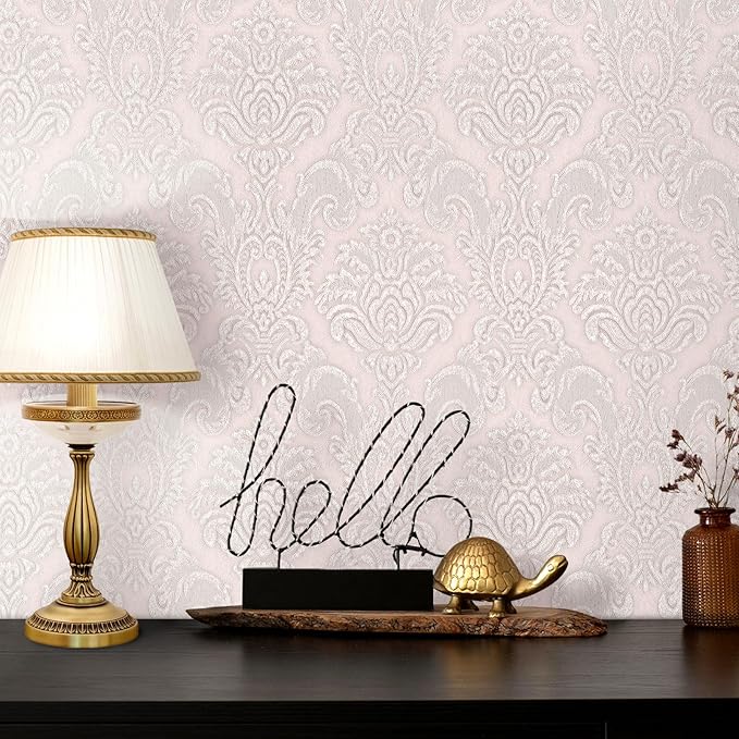 FunStick Vintage Light Pink Wallpaper Peel and Stick Textured Victorian Damask Floral Wall Paper Pink Contact Paper for Cabinets Removable Renter Friendly Wallpaper for Girls Bedroom Walls 15.8"x80"