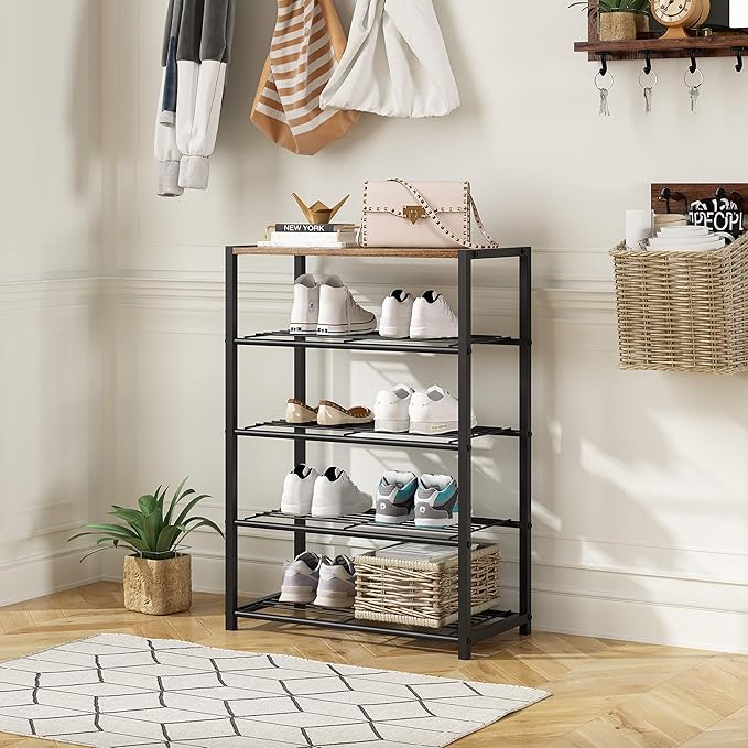 Yusong Shoe Rack Organizer, 5 Tier Industrial Shoe Storage Shelf, Narrow Sturdy Metal Shoe Shelves for Closet Entryway, Rustic Brown