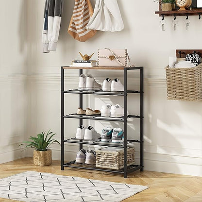 Yusong Shoe Rack Organizer, 5 Tier Industrial Shoe Storage Shelf, Narrow Sturdy Metal Shoe Shelves for Closet Entryway, Rustic Brown