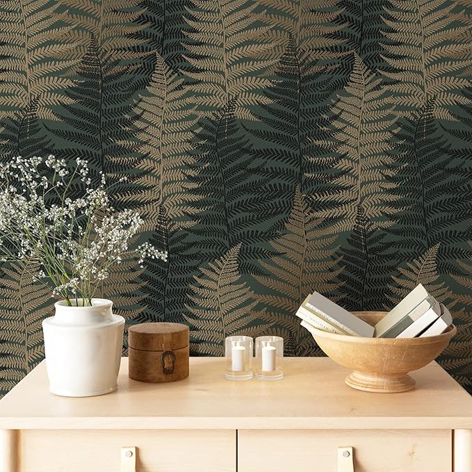 JiffDiff Botanical Fern Wallpaper 236.22" x17.7" Leaf Peel and Stick Wallpaper Green Grunge Ferns Removable Botanical Greenery Self Adhesive