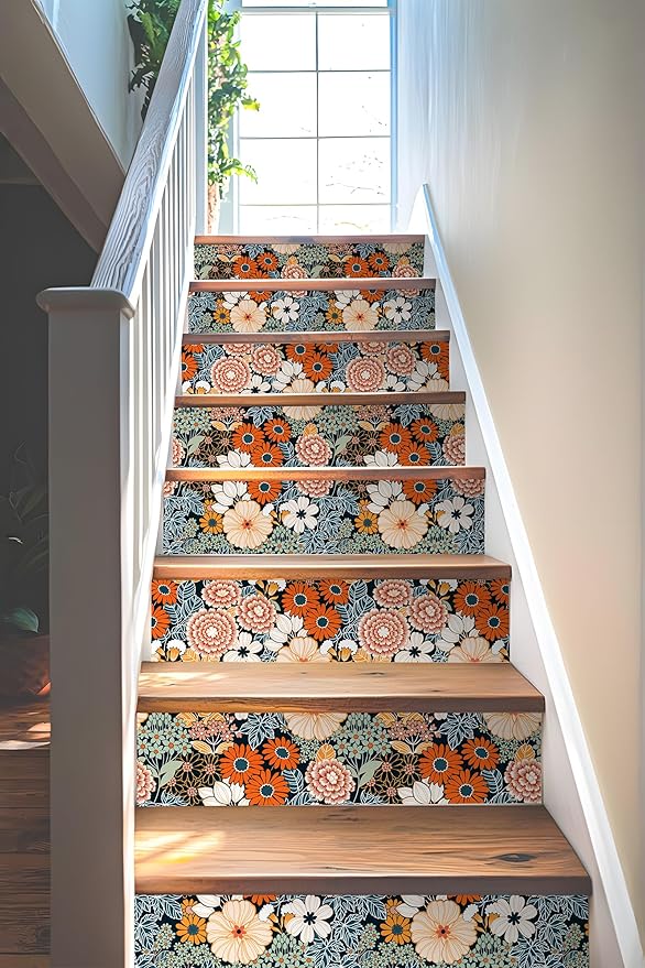Floral Wallpaper Peel and Stick Boho Wall Paper Removable Waterproof Orange/Green/Red Contact Paper for Bedroom, Bathroom, Home Wall 17.3