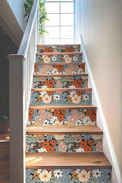 Floral Wallpaper Peel and Stick Boho Wall Paper Removable Waterproof Orange/Green/Red Contact Paper for Bedroom, Bathroom, Home Wall 17.3" x 236.3"