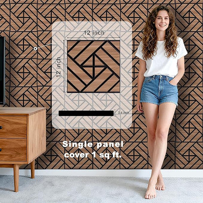 WoveN SounD Artisan Acoustic Wall Panels, 16 Pack 12x12 Inch, Wood Veneer Carved Sound Proof Wall Decor, Self-Adhesive for Home, Studio, Office & Focus Zones, Grid Weave, Teak