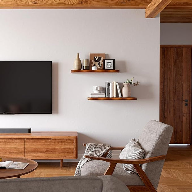 24inch Walnut Finished Floating Shelves for Wall,Luxury Rustic Solid Pine Wood Shelf Bracket for Room Decor,Wall Mounted Hanging Shelves for Bedroom,Living Room, Set of 2