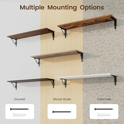 RICHFOCUS Floating Shelves for Wall Decor, 31.5W x 8D Shelves Set of 2, 8" Deep Rustic Wood Floating Shelves Wall Mounted with Brackets, Shelves for Living Room Bedroom Kitchen, Rustic Brown