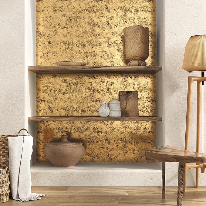 VEELIKE Metallic Wallpaper Stick and Peel Textured Gold Wallpaper for Bedroom Accent Walls 15.7''x118'' Self Adhesive Gold Contact Paper for Cabinets Drawers Waterproof Removable Gold Vinyl Wallpaper