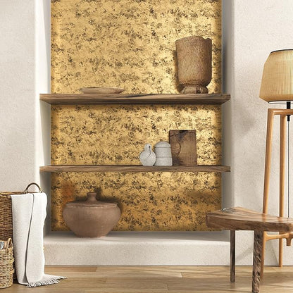 VEELIKE Metallic Wallpaper Stick and Peel Textured Gold Wallpaper for Bedroom Accent Walls 15.7''x118'' Self Adhesive Gold Contact Paper for Cabinets Drawers Waterproof Removable Gold Vinyl Wallpaper