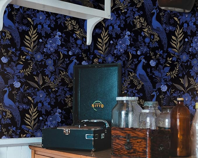 FLFK Black and Dark Blue Peacock Wallpaper,Peel and Stick Wall Mural for Living Room, Bedroom, Kitchen, Office, Apartment Decor 16