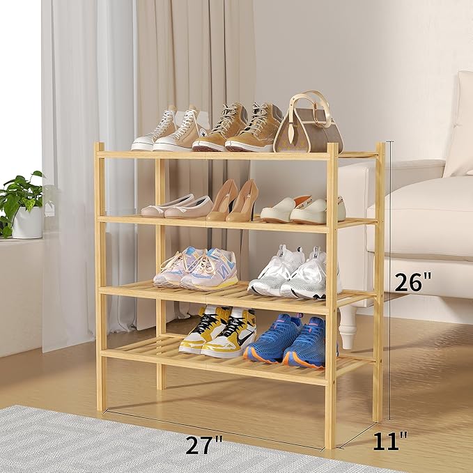 4 Tier Bamboo Shoe Rack for Closet Free Standing Wood Shoe Shelf for Entryway Small Space Stackable 27