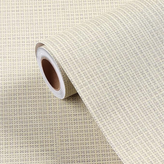 FunStick 24"x200" Thick Beige Peel and Stick Wallpaper for Bathroom Bedroom Walls Grasscloth Textured Wall Paper Roll Self Adhesive Vinyl Geometric Contact Paper for Cabinets Furniture Table Removable