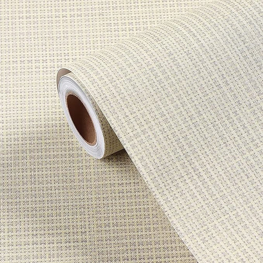 FunStick 24"x200" Thick Beige Peel and Stick Wallpaper for Bathroom Bedroom Walls Grasscloth Textured Wall Paper Roll Self Adhesive Vinyl Geometric Contact Paper for Cabinets Furniture Table Removable