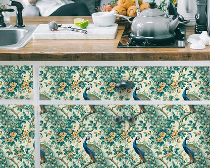 FLFK Green Peacock Wallpaper,Peel and Stick Wall Mural for Living Room, Bedroom, Kitchen, Office, Apartment Decor 16"x128"