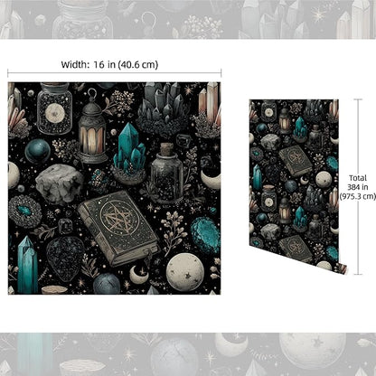 FLFK Black Wallpaper Peel and Stick Dark Witchy Wallpaper 16" x 384" Crystal Stone Contact Paper Vinyl Self Adhesive Fantasy Wall Paper for Bedroom Shlef Cabinet Décor