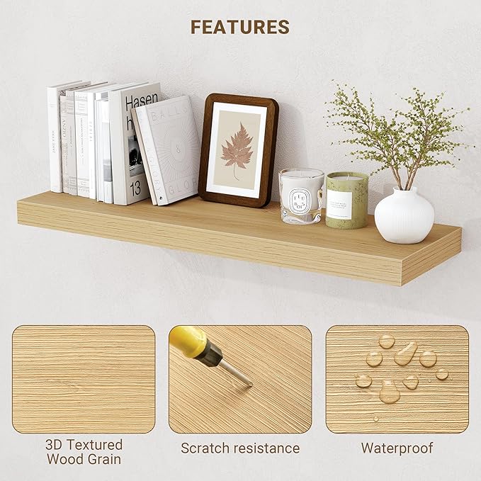 36 Inch Floating Shelves, 3D Textured Wood Grain, 36