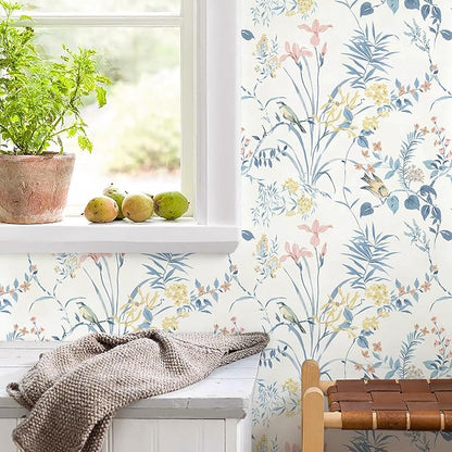 Erfoni 16.9" x118" Boho Floral Peel and Stick Wallpaper Blue Floral and Birds Contact Paper DIY Self Adhesive Removable Wallpaper for Livingroom Cabinet Decor Modern Flower Leaf Wall Paper Vinyl Roll