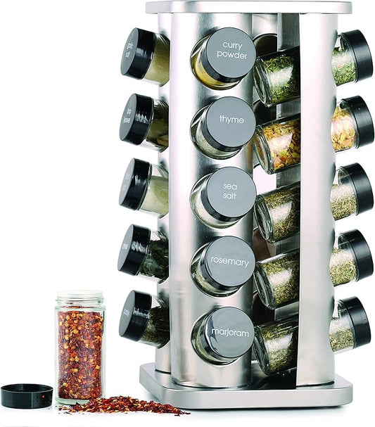 Orii 20 Jar Rotating Spice Rack with Spices Included & 5-Year Free Spice Refill Program – Stainless Steel Countertop Spice Rack with 3 oz Glass Jars