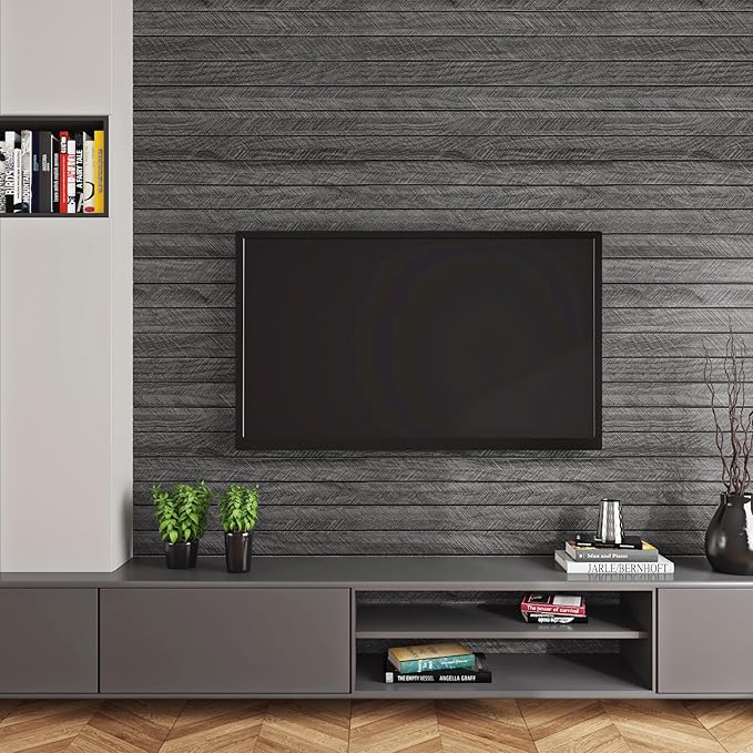 ReWallpaper Peel and Stick Charcoal Black Acoustic Panels Sound Absorbing Slat Wall Paneling Self Adhesive Faux Wood Wall Panels Waterproof Decorative Covering for Bedroom Door Office DIY 12in x 10ft