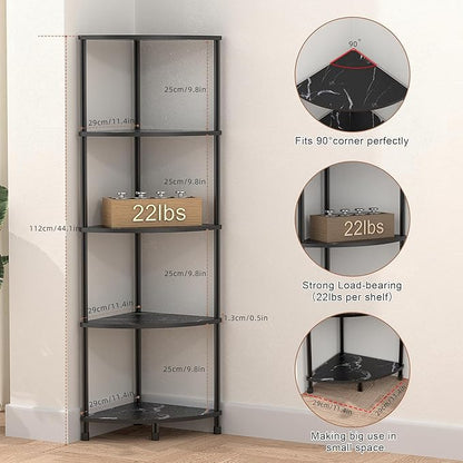 Book Shelf Corner Shelf, 5 Tier Corner Bookshelf Display for Living Room Decor, 44.1" Standing Bookcase Organizer, Marble Black Storage Shelves for Bedroom, Bathroom, Small Space