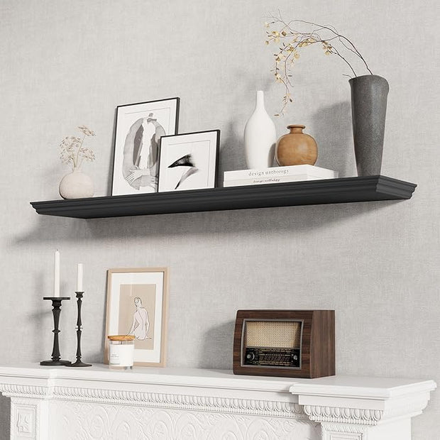Fun Memories Floating Shelves 48 Inch Long, 9.3 Inch Deep Classic Crown Molding Floating Shelves for Wall, Rustic Wooden Shelves for Wall Decor Bathroom, Kitchen, Office, (Black, 1Pack)