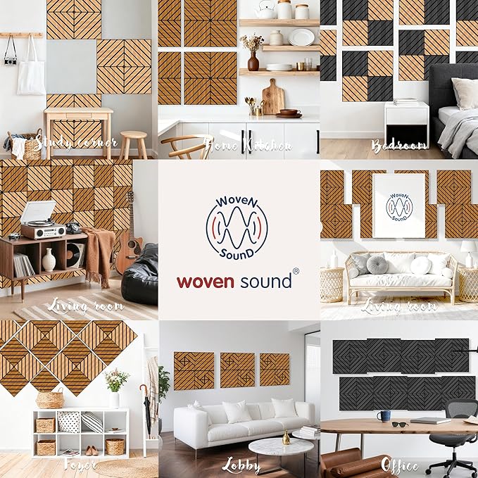 WoveN SounD Artisan Acoustic Wall Panels, 16 Pack 12x12 Inch, Wood Veneer Carved Sound Proof Wall Decor, Self-Adhesive for Home, Studio, Office & Focus Zones, Twill Pattern, Teak