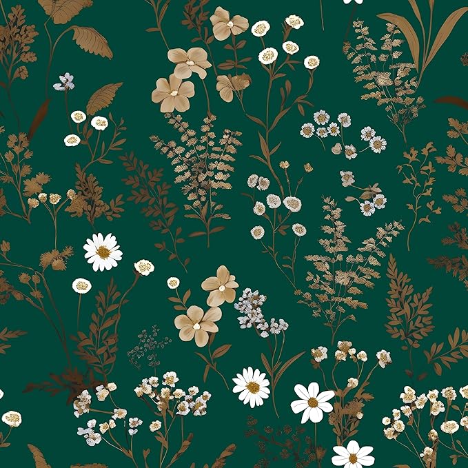 Dark Floral Wallpaper Peel and Stick 17.5in x 118in Vintage Green Gold Leaf Wallpaper Vinyl Waterproof Self-Adhesive Boho Botanical Wall Paper Mural for Cabinet Bookcase Bedroom Decor