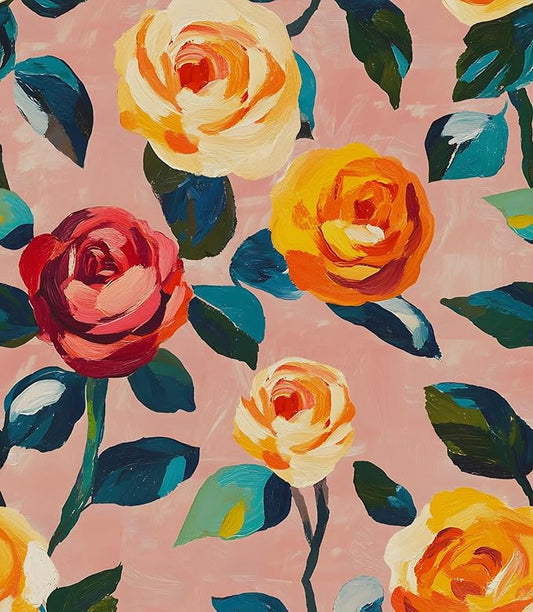 Watercolor Floral Wallpaper Peel and Stick, Pink/Orange/Yellow Rose Contact Paper 17.5" x 393", Boho Wall Paper Self Adhesive Waterproof Removable for Girl Bedroom Shelves Cabinet Drawer Table Decor