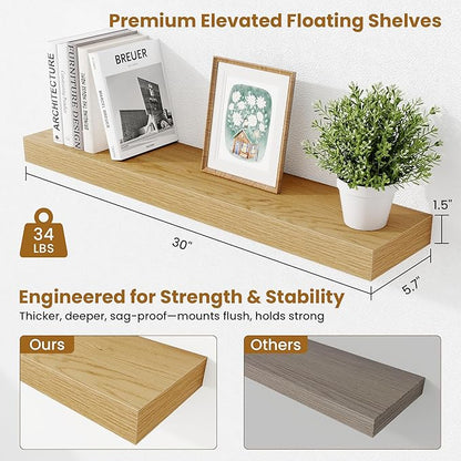 Fun Memories Floating Shelves 30 Inch, Wall Mounted Wood Shelf Set of 2, Farmhouse Decor for Bathroom, Bedroom, Kitchen, Living Room, Oak