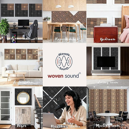 WoveN SounD Artisan Acoustic Wall Panels, 16 Pack 12x12 Inch, Wood Veneer Carved Sound Proof Wall Decor, Self-Adhesive for Home, Studio, Office & Focus Zones, Metre, Teak