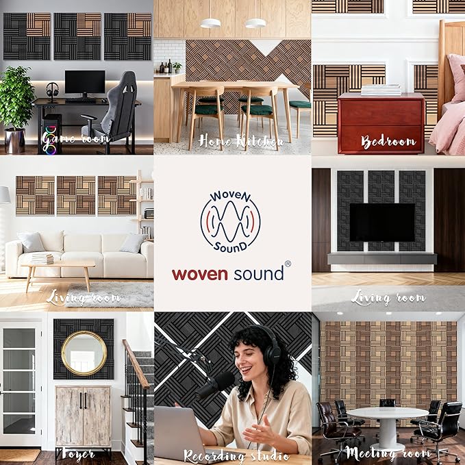 WoveN SounD Artisan Acoustic Wall Panels, 16 Pack 12x12 Inch, Wood Veneer Carved Sound Proof Wall Decor, Self-Adhesive for Home, Studio, Office & Focus Zones, Metre, Black Oak