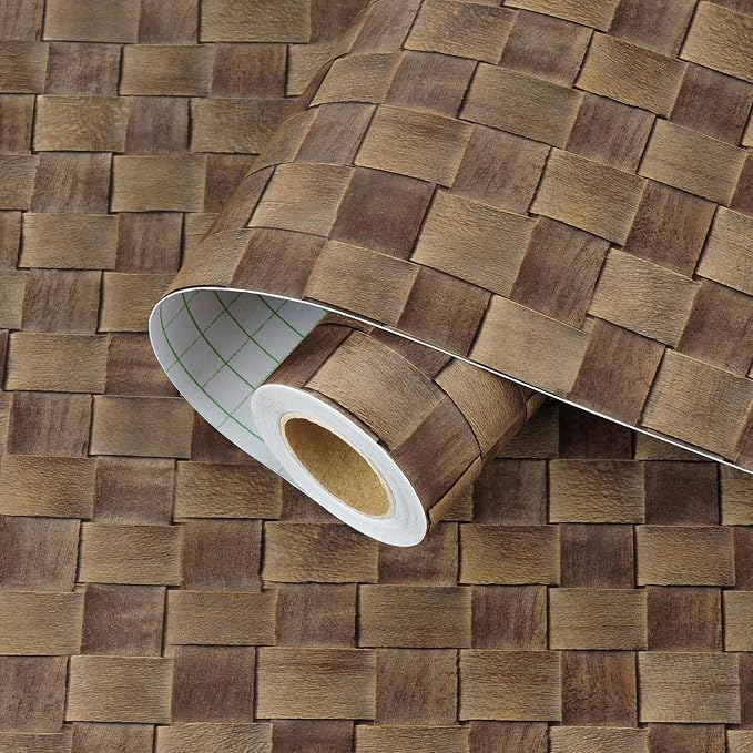 Dark Brown Rattan Wallpaper Peel and Stick Vintage Woven Contact Paper Vinyl Faux Cane Wallpaper Non-Textured Natural Rattan Contact Paper for Cabinets Shelf Liners Bathroom Walls 15.8