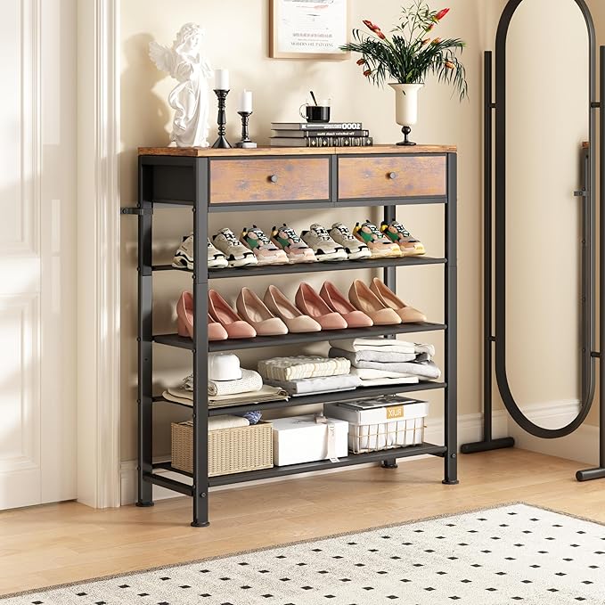 Kitstorack Shoe Rack, 5 Tier Shoe Organizer for 12-16 Pairs of Shoes, with 2 Drawers, 3 Fabric Shelves and Wooden Top, Shoe Rack for Closet Entryway, Rustic Brown