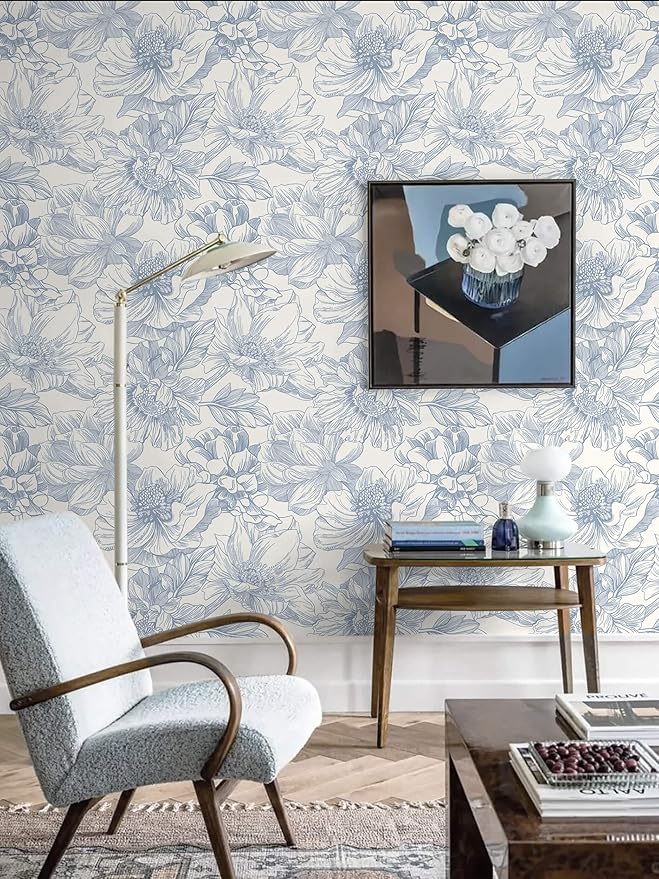 Ismoon Vintage Floral Wallpaper Peel and Stick Beige and Blue Contact Paper 17.3inx6.5ft Removable Self Adhesive Wall Paper for Bathroom Bedroom Cabinet Mural Wall Decor Vinyl Renter Friendly