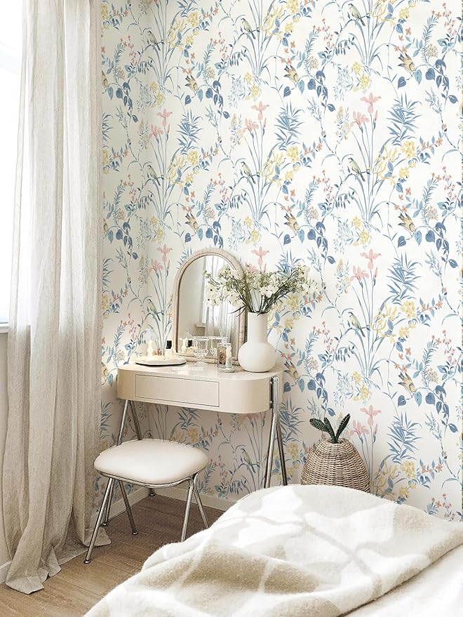 Erfoni 16.9" x118" Boho Floral Peel and Stick Wallpaper Blue Floral and Birds Contact Paper DIY Self Adhesive Removable Wallpaper for Livingroom Cabinet Decor Modern Flower Leaf Wall Paper Vinyl Roll
