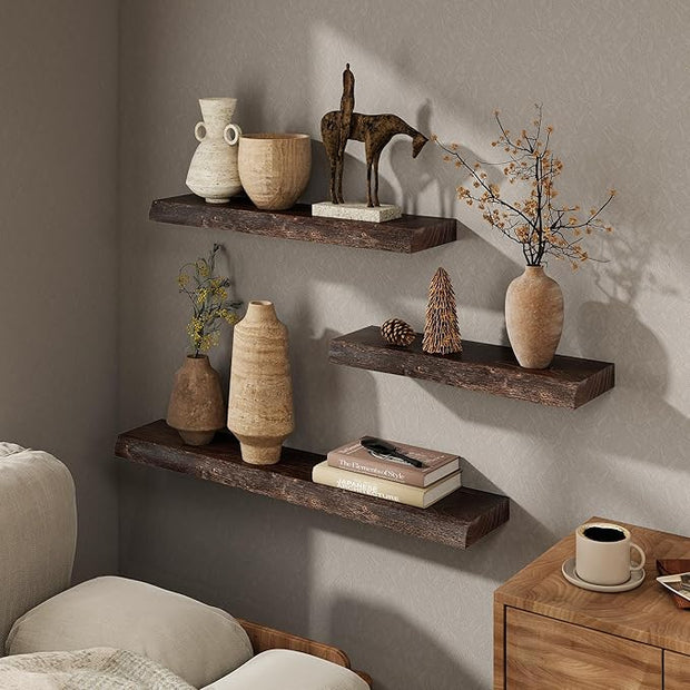 Marsmiles 30 inch Floating Shelves for Wall Elm Wood Live Edge Shelves|Rustic Wall Shelves with Invisible Heavy-Duty Bracket for Bathroom Living Room Kitchen|Walnut, 2 Pack